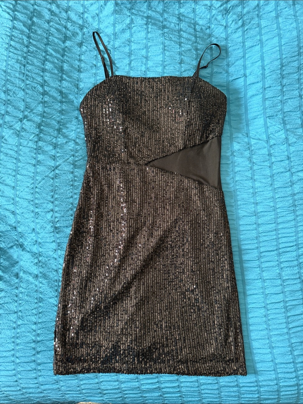 Trixxi Black Sequin Spaghetti Strap Mini Dress with Mesh Inset